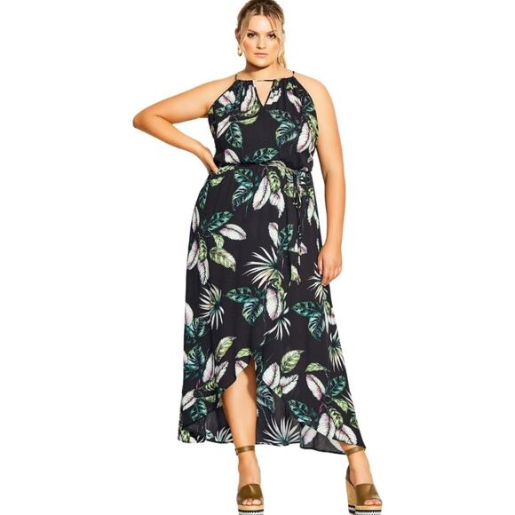 CITY CHIC Women\'s Black Samui Tropical Print Tie Strap Maxi Dress XS (14) NEW